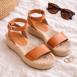 Soludos Leather Espadrille Platform Sandals Ankle Strap Cognac Tan Size 7.5